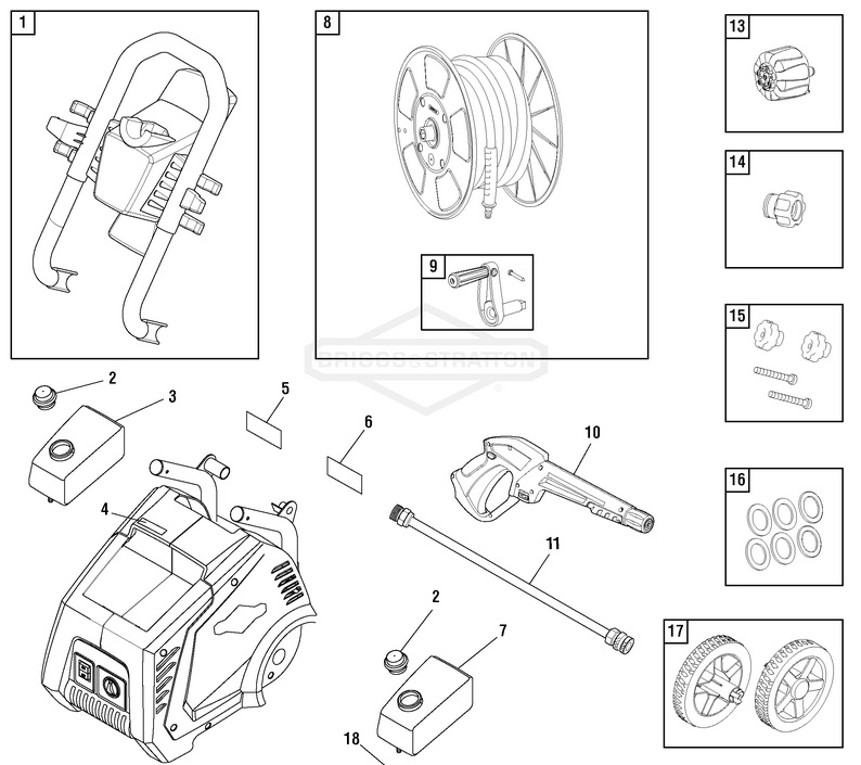 Briggs & Stratton pressure washer model 020559-0 replacement parts, pump breakdown, repair kits, owners manual and upgrade pump.